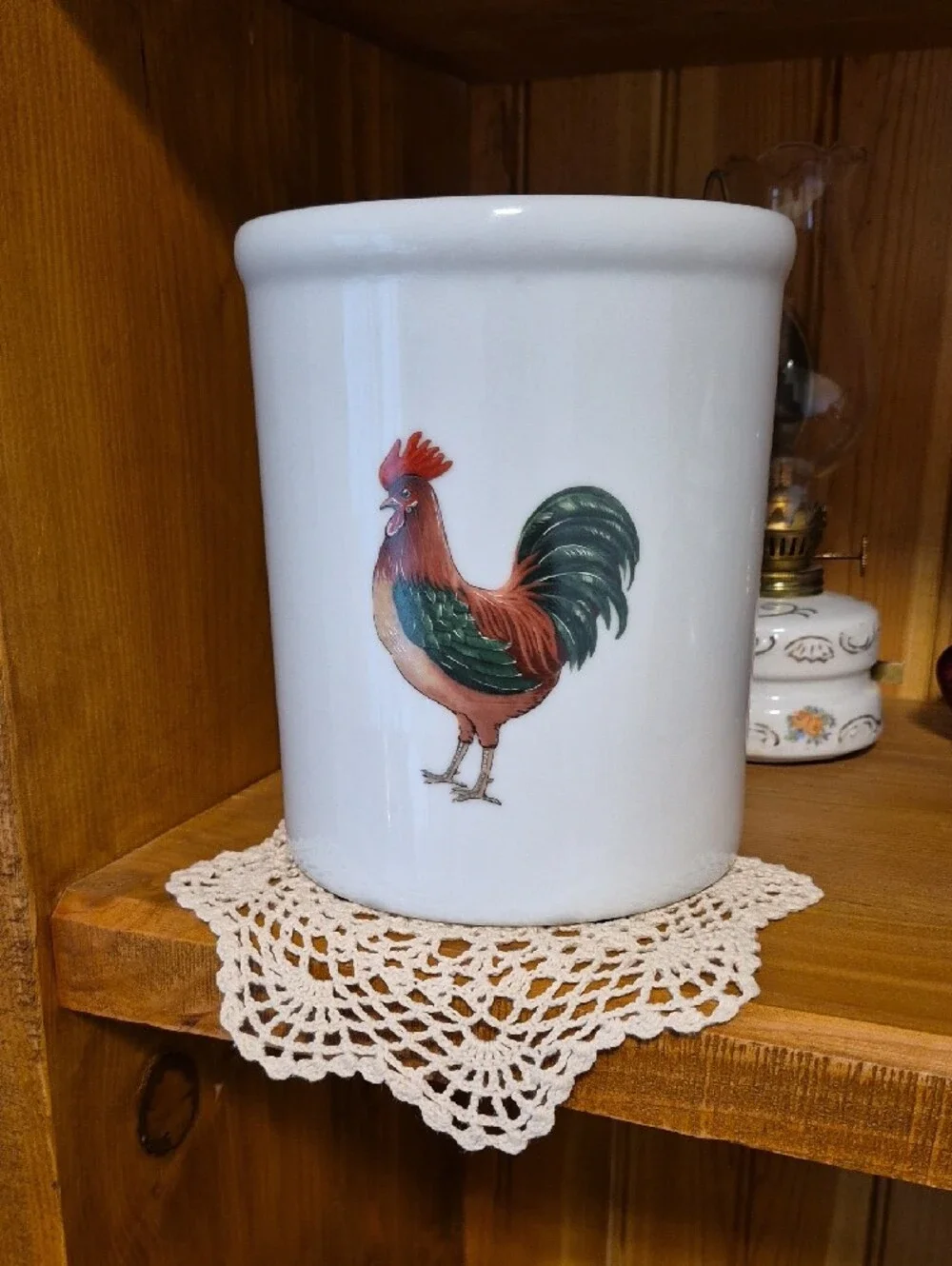 White Ceramic Crock with Rooster Motif
